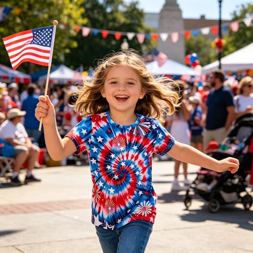 Image of Kids 4th of July 3D Tie Dye Style T-Shirt Boys Girls Patriotic American Flag Clothes Firecracker Tops 4-10 Years