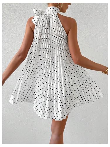 MakeMeChic Women's Polka Dots Halter Dress Tie Sleeveless Pleated A Line Flare Mini Dresses2