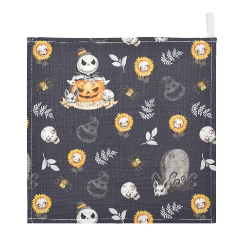 Image of vvfelixl Baby Muslin Washcloths Halloween Skulls Horror Monsters Baby Burp Cloths Cotton Baby Face Towel for Newborn Infants Boys Girls Soft and Absorbent 11.8 X 11.8 in, 3 Pack Black