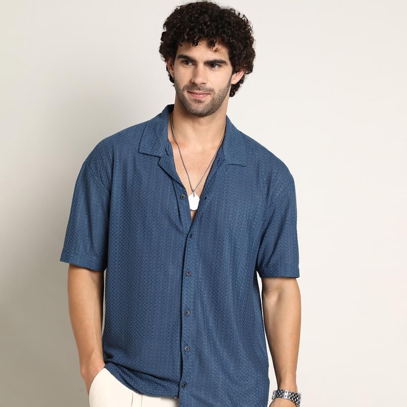 Image of CAHOOT Men's Oversized Shirt for Casual Wear | Cuban Collar | Short Regular Sleeves | Button Closure | Oversized Shirt Crafted with Comfort Fit for Everyday Wear