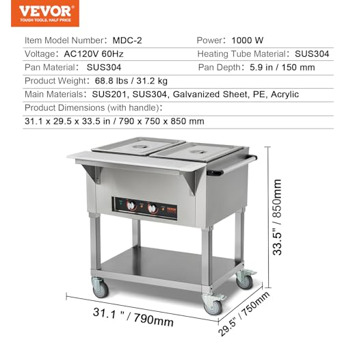 Image of VEVOR 2-Pan Commercial Food Warmer, 2 x 20.6QT Electric Steam Table, 1000W Professional Buffet Catering Food Warmer with 4 Wheels (2 Lockable), Food Grade Stainless Steel Server for Party Restaurant