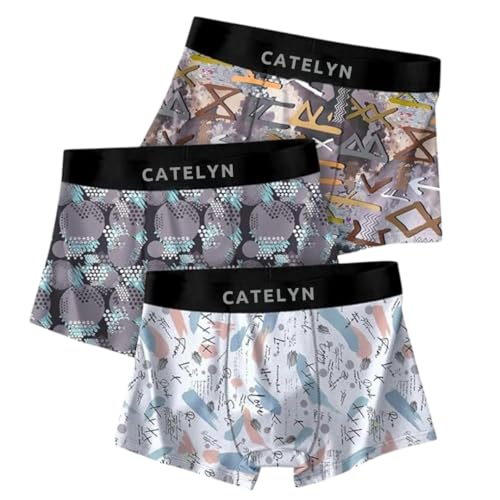 Image of CATELYN Printed Men's Extra Thin Elastic Ice Silk Underwear - Long, Comfortable, Breathable Boxer Brief Trunks, Smooth Fabric (Pack of 3)
