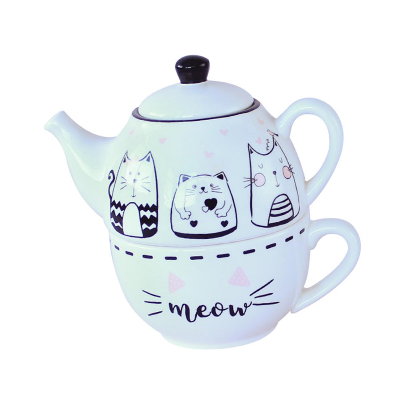 Toyvian Juego de Té de Cerámica Tetera y Taza en Blanco Diseño de Gato Adorable, Adecuado para Decoración del Hogar y Aficionados al Té