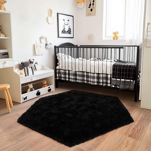 4x4.6 Feet Black Hexagon Rugs for Bedroom, Ultra Soft Fluffy Hexagon Area Rug for Kids Room, Cute Shag Rugs for Boys Girls Room, Fuzzy Plush Carpet for Tent Castle Home Decor