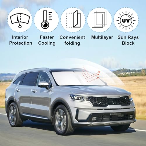 Image of Windshield Sun Shade Custom Fit for 2021 2022 2023 2024 2025 2026 Kia Sorento SUV Accessories Foldable Sunshade Sun Blocker Protect Car from Sun Rays & Heat Damage Keep Car Cooler