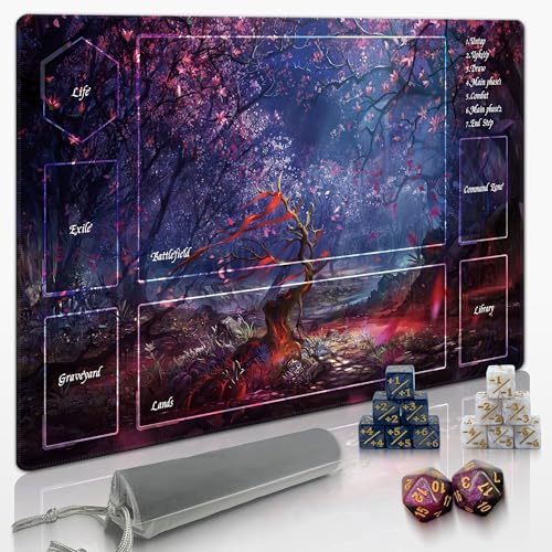 Extalas MTG Playmat TCG Playmat - Comprend un sac de rangement et 14 dés de qualité d'expérience, verrouillage des bords, tapis imperméable et antidérapant ! (Tapis de jeu avec arbre)