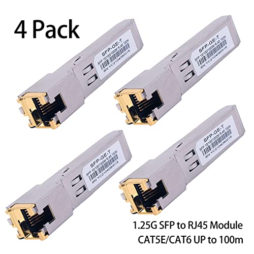 Image of 4PCS 1000BASE-T Gigabit SFP to RJ45 Copper Ethernet Modular Transceiver for Cisco,Meraki,Ubiquiti,D /TP Link,Supermicro,Netgear,Broadcom, 1.25G SFP-T CAT5E /CAT6 up to 100m Mikrotik S-RJ01