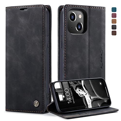 owlhold Handyhülle für iPhone 13 Hülle Premium Lederhülle Weiches Vintage-Nubukleder Faltbare Ständer Klapphülle Kartenfach Standfunktion stoßfest Schutzhülle für iPhone 13 -Schwarz