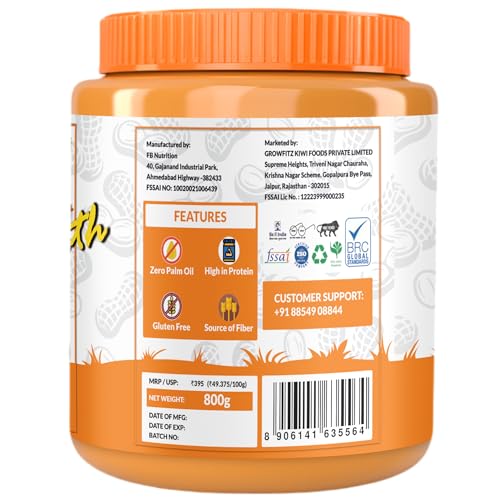 Image of Growfitz Natural Peanut Butter Smooth | Vegan | Unsweetened | High Protein + Vit B12 + D3 & Calcium | Boost Muscles, Brain & Bones | 100% Pure, Non-GMO, Gluten-Free, Cholesterol-Free (Natural Smooth - Pack of 2)
