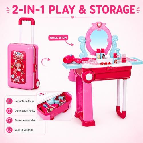 Image of Zest 4 Toyz Makeup Kit Set for Kids Girls | 21 Pieces Cosmetic 2 in 1 Vanity Table Portable Trolley Pretend Play Set Toys Make up Accessories for Kids Plastic (Pink) Made in India