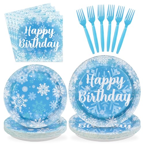 96Pcs Winter Snowflake Birthday Party Decorations Blue Frozen Birthday Paper Plates and Napkins Sets Winter Wonderland Decorations for Girls Princess Christmas Baby Shower Holiday Supplies Serves 24