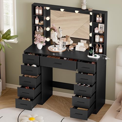 Image of Wodeer Makeup Vanity with Drawers, 43 inch Black Vanity Desk with Mirror and Lights, 11 Drawers & 4 Shelves, Power Outlet & Adjustable LED Lights, Dressing Table for Women & Girls Bedroom