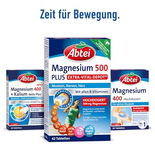 Abtei Magnesium 500 Plus Extra-Vital-Depot – hochdosierte Magnesiumtabletten – mit allen B-Vitaminen – für Muskeln, Nerven und Herz – vegan – 42 Tabletten