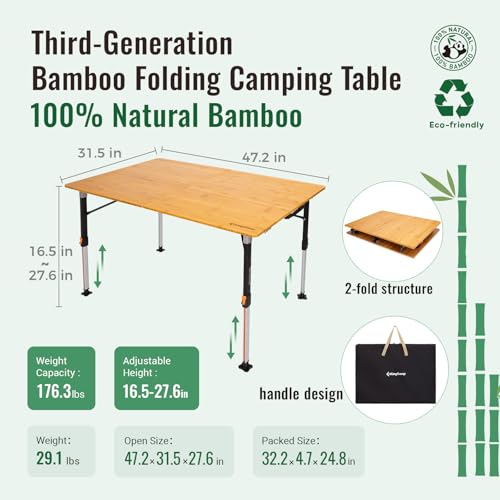 KingCamp Bamboo Folding Table, 4-Fold Camping Adjustable Height Portable Outdoor Lightweight & Compact Table with Aluminum Frame for RV Picnic BBQ Tailgating