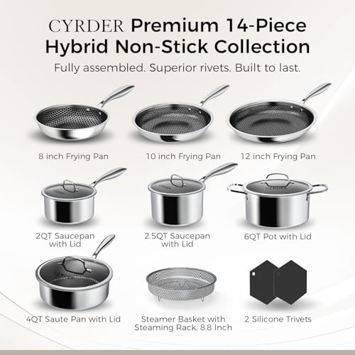 Image of Pots and Pans Set Non Stick, 14 Pcs 5-Ply 18 /10 Stainless Steel | Hybrid Professional Chef Quality Cookware Set, Induction Compatible, PFOA Free Frying Pan, Saute Pan, Saucepan and Pot