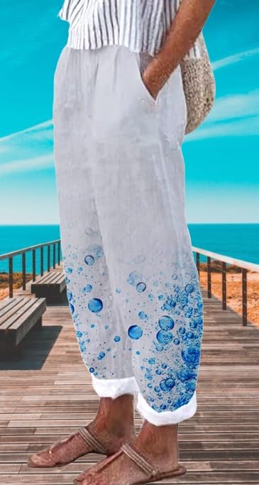 Womens Fashion 2024 Summer Casual Star Printed Palazzo Pants Loose Elastic Waist Cotton Trouser Flowy Leg Pants - Image 2