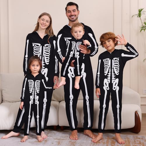 Matching Family Pyjamas Halloween Skeleton Costumes One Piece Hooded Jumpsuit Bodysuit for Men Women Kids Couples Adult Skeleton Sleepwear Nightwear Halloween Pjs,Kids,2T - Image 3