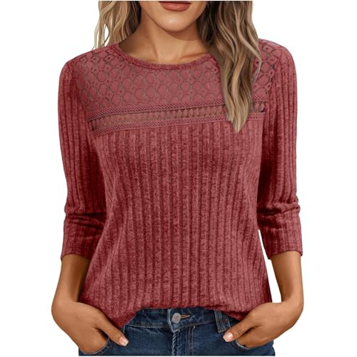 Women Ribbed Knit Sweaters Fashion Hollow Out Eyelet Crewneck Sweater Casual Cozy 3/4 Sleeve Lightweight Pullover Top