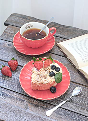 Amazingware Porcelain Tea Set - Tea Cup And Saucer Set Service For 6, With 28 Ounces Teapot Sugar Bowl Cream Pitcher Teaspoons And Tea Strainer - For Thanksgiving - Pumpkin Fluted Shape, Red #TOP5