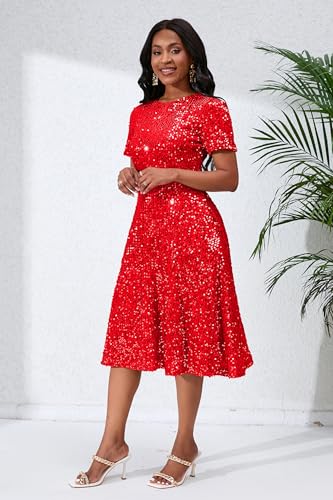Image of Sequins Glitter Short Sleeve Women's Maxi A-line Dress - Sparkly Party Elegant