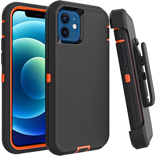 Image of Case for iPhone 12 & 12 Pro with Clip, Heavy-Duty Tough Rugged Shockproof Drop Protective Cover Phone Cases, Black+Orange
