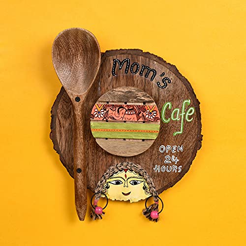 Image of Aakriti Art Creations Kitchen Decor inchMoms Cafe inch Handcrafted in Wood, Madhubani Art Wooden Wall Hanging Panel Set of 1, Natural Brown Wall Decor Panel | Matte Finish Wooden Wall Art