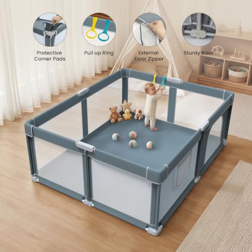 Image of Foldable Baby Playpen - 65 inchx50 inch Collapsible Play Pen for Babies and Toddlers - Indoor Outdoor Foldable Play Yard with 4 Handles - Folding Baby Playpen with Bag Portable Travel Play Yard