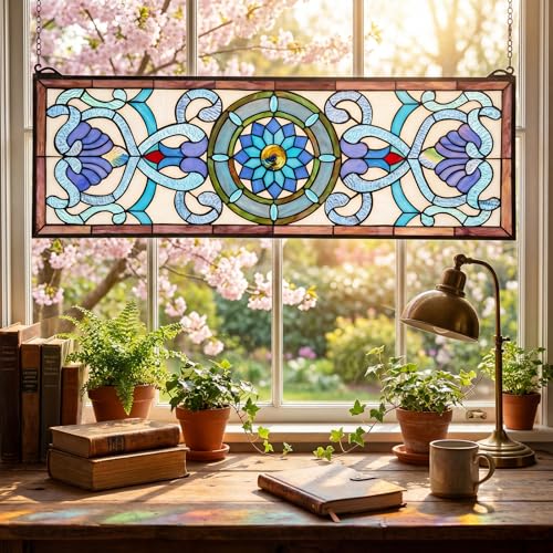 BrightRow Extra Large Stained Glass Window Panels with Chain Kit, 35 x 12 Inches Blue Victorian Horizontal Rectangle Window Hanging Transom for Home and Kitchen Decor - Thumbnail 7