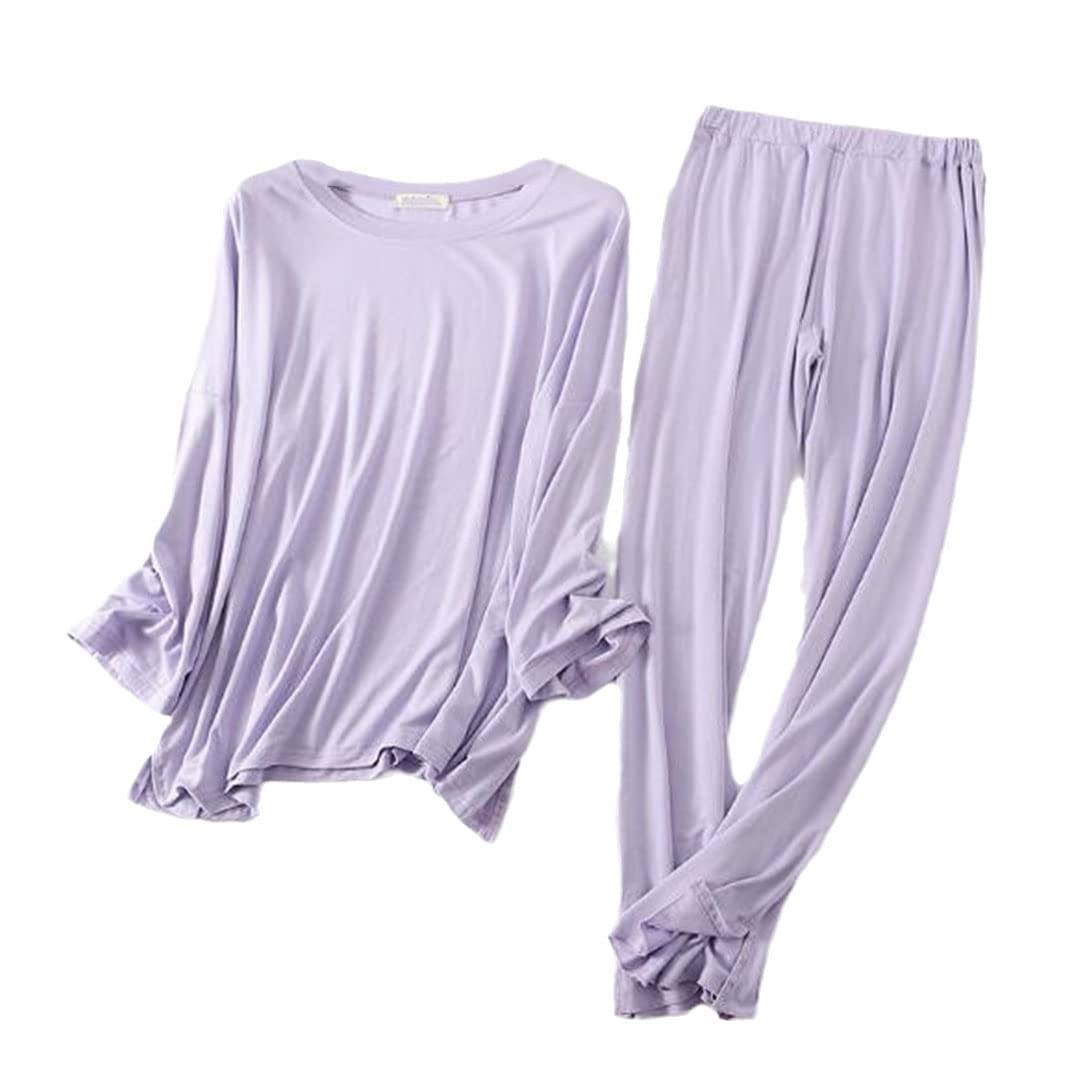 Conjunto de pijama de manga larga de algodón modal cómodo otoño e invierno para mujer, morado claro, L