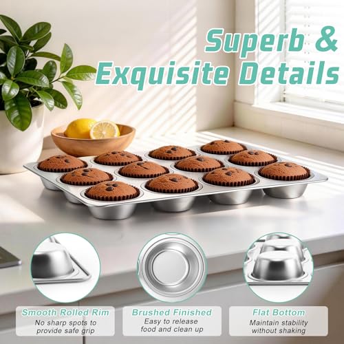 Onader Yorkshire Pudding Tray 12 Cup, Stainless Steel Muffin Cupcake Tin for Baking Muffin, Mince Pie, Brownie, Quiche, Non-Toxic & Heavy Duty, Oven & Dishwasher Safe - Image 4