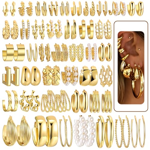 42 Pairs Gold Hoop Earrings Set for Women, Fashion Chunky Pearl Earrings Multipack Twisted Statement Earring Pack, Hypoallergenic Small Big Hoops Earrings for Birthday Party (Gold-42 pairs)