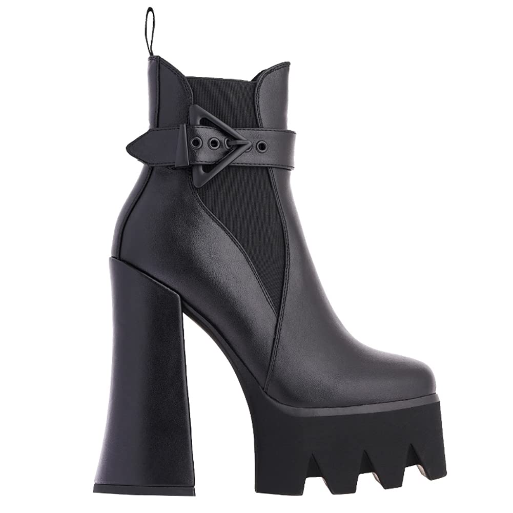 DETOGNI Womens Buckle Strap Thick Heel Square Toe Platform Booties Ladies Elastic band High Heel Fashion Casual Ankle