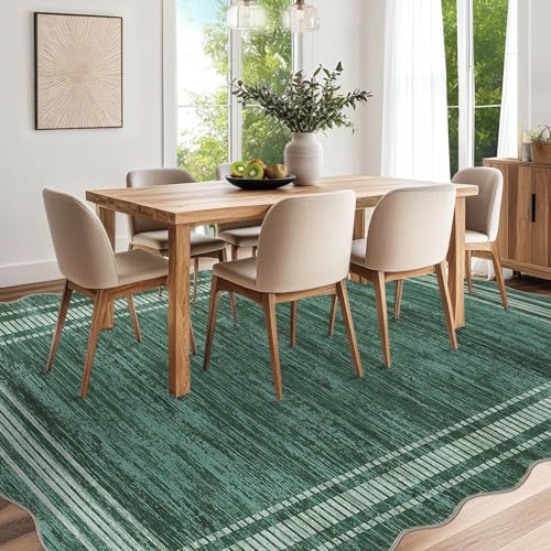 GarveeHome Washable Scalloped Rug 9x12 Area Rugs,Modern Neutral Living Room Rugs,Large Washable Solid Farmhouse Carpet Abstract Bordered Carpet for Bedroom Apartment Table Dorm Nursery,Green