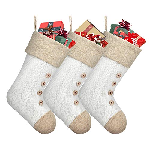 Duosheng & Elegant Lot de 3 Chaussettes de Noël tricotées en Toile de Jute pour décoration de Noël Blanc mélangé Cover