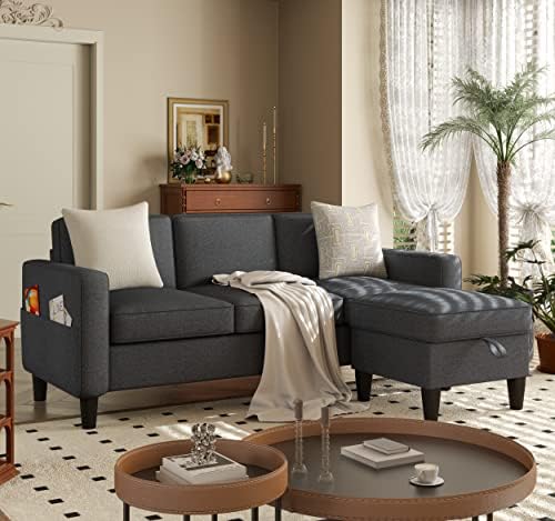 Youmumeub Convertible Sectional Sofa Couch, L-Shaped Couch 3-Seat Sofa with Storage Reversible Chaise, Sectional Couches for Living Room, Apartment and Small Space (Dark Grey)