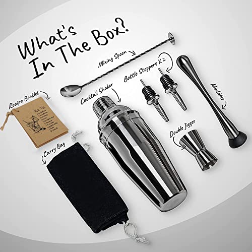 Image of Cocktail Shaker - Bar box 6 Piece Bartender Kit - Stainless Steel Cocktail Shaker Set, Premium Bar Tools : Martini Shaker, Muddler, Jigger, Mixing Spoon, Strainers, Ice Tong ,Mettalic Black