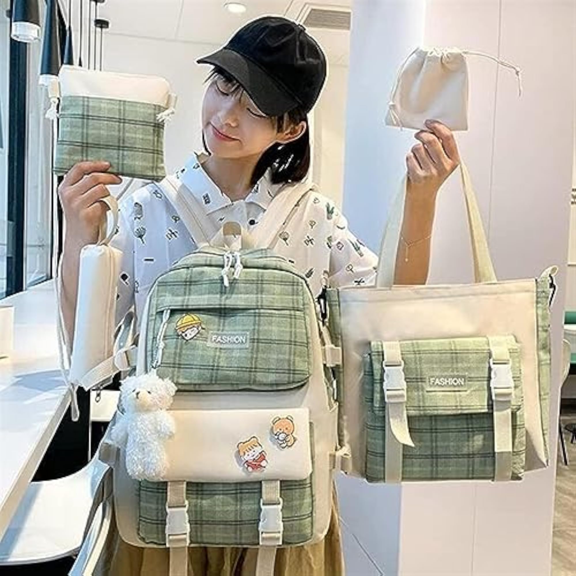 5Pcs Plaid Check Backpack Combo Kit, Cute Children's Bags