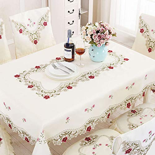 Lelehome 58 Inch X 86 Inch Flower Embroidered Lace Beige Rectangular Tablecloth, Vintage Classic Red Rose Floral Table Cloth Kitchen Dining Table Cover Wedding Party Home Decor, Oblong #TOP3