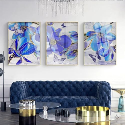 Tableau triptyque fleur bleue 70x100 cm pour salon moderne