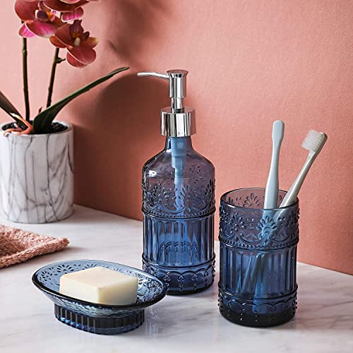 WHOLE HOUSEWARES | Badezimmer-Set | 4-teiliges Badezimmer-Accessoires-Set | Seifenspender, Tablett, Glas, Zahnbürstenhalter | Mosaikglas (blau)