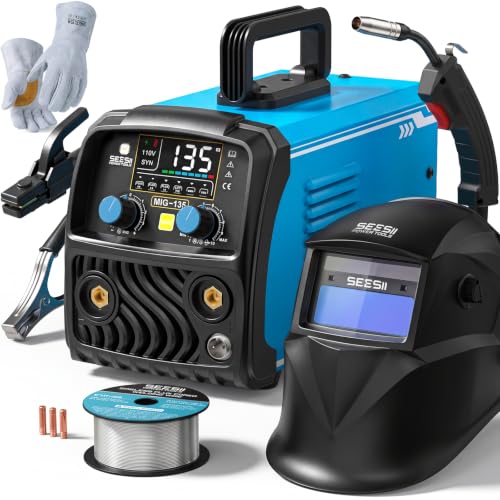 Image of SEESII 135A MIG Welder Kit - Gasless Flux Core, Lift TIG, Stick 3-in-1 Welding Machine with Auto-Darkening Helmet & Gloves, 110V Portable IGBT Inverter Welder with Smart Digital Display