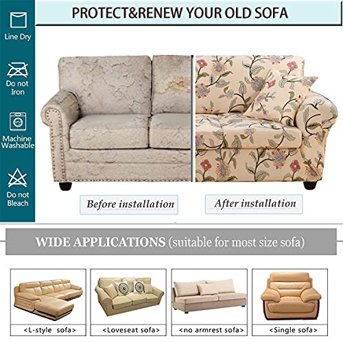 Lansheng Floral Couch Covers For 3 Cushion Couch Sofa Fitted Stretch Sofa Cover Elastic Polyester Spandex Fabric Couch Covers Couch Protector Cover 4-Piece Sofa Slipcover (Floral, 3 Seater) #TOP5
