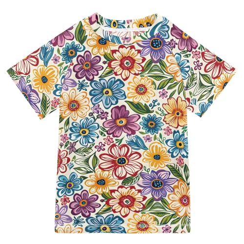 ALAZA Boys Swim Shirts Toddler Rash Guard Short Sleeve Rashguard Colored Flowers Print UPF 50+ 11-12T