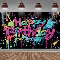 Neon Geburtstag Banner, Happy Birthday Banner Deko für Kinder, Extra Großes Geburtstag Party Hintergrund Banner für Mädchen und Jungen (Bunte Graffiti-Spritzerfarbe), 210x150 cm