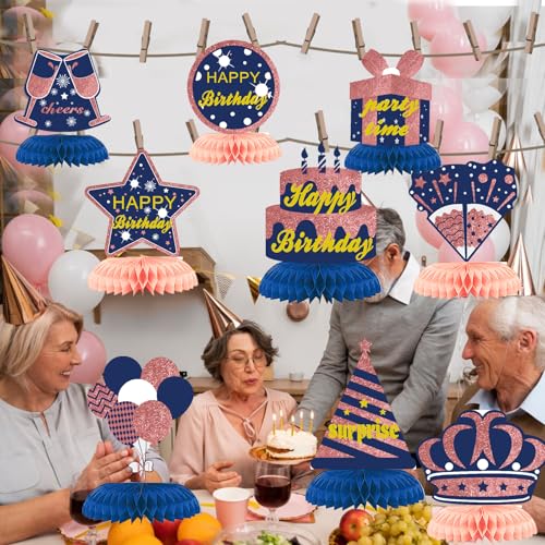 50% Off Blue Rose Gold Birthday Honeycomb Decorations - 9PCS Set - Image 3