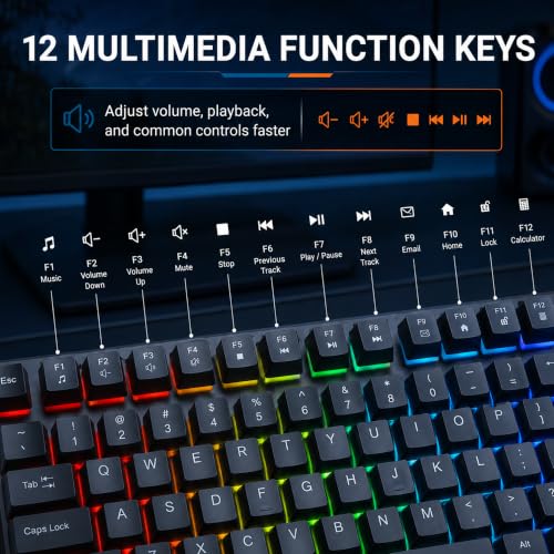 Image of MANHATTAN RGB LED USB Gaming Keyboard - Full Size, Rainbow Backlight, Spill-Resistant, Quiet Keystrokes, 12 Multimedia Function Keys, for Computer, PC, Desktop, Gamer - 3 Yr Mfg Warranty - 180603