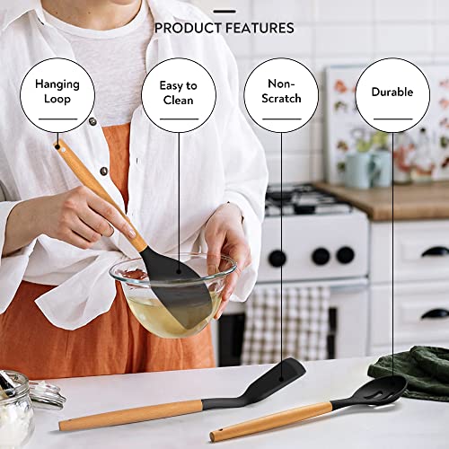 Lanzo Design Kitchen Utensil Set, 13 Pcs Non-Stick Silicone Cooking Utensils Spatula Set With Wooden Holder (Black) #TOP4