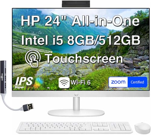 Image of HP 24 Touchscreen All-in-One Desktop Computer for Home, Business and School, 23.8 inch IPS FHD Display (Intel i5-1334U, 8GB DDR4, 512GB SSD, WiFi 6, Webcam, Bluetooth 5.3, Win11H) w /DKZ USB Port Expander