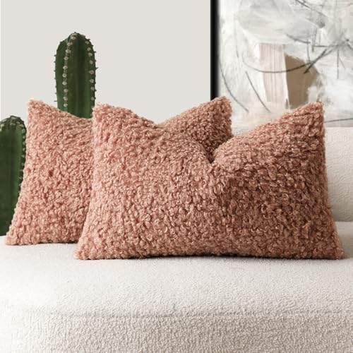 Image of Foindtower Set of 2 Curly Teddy Wool Pillow Covers Decorative Boucle Textured Lumbar Throw Pillow Faux Fur Sherpa Pillowcases Sheepskin Fuzzy Cushion Case for Sofa Bedroom Car 12 inchx20 inch Dusty Pink