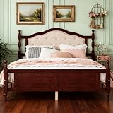 Bellemave Queen Pine Wooden Bed Frame with Upholstered Headboard and Panel Foot Board, Vintage Mid Century Bed Frame, Queen Size Wood Bed Frames,Classic Cherry